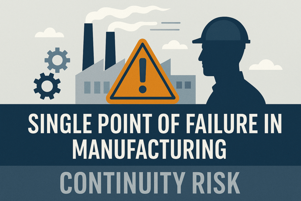 Graphic illustrating a single point of failure in manufacturing, emphasizing continuity risk, succession planning, and leadership dependency